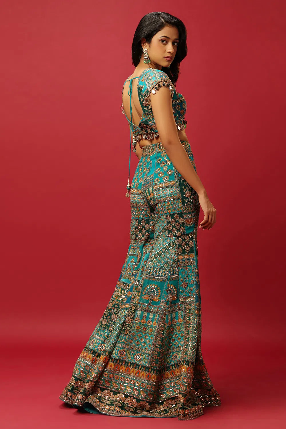 TURQUOISE BLUE SINGLE TIERED SHARARA PANT SET WITH AN ALL OVER MULTI COLOURED PRINT PAIRED WITH A MATCHING DUPATTA AND ZARI AND SEQUIN DETAILS