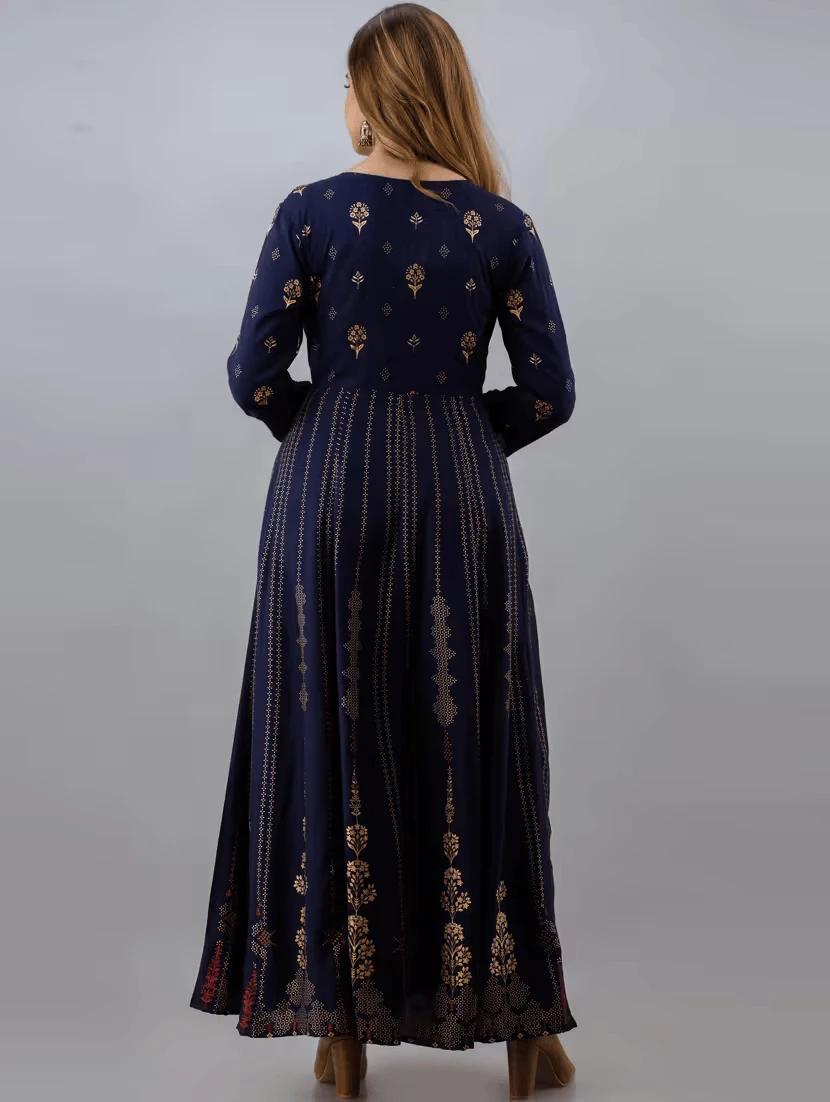 Women boat neck printed flared kurta