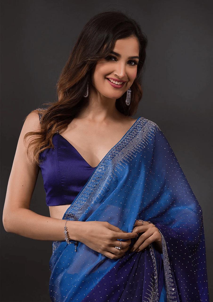 Royal Blue Stonework Satin Designer Saree